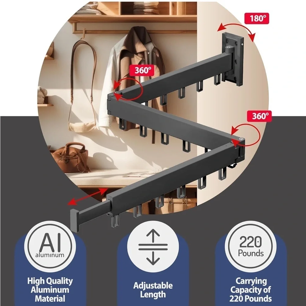 Clothes Hanger Drying Rack Wall Mounted Space Saver Closet Tri-Fold Dark Gray